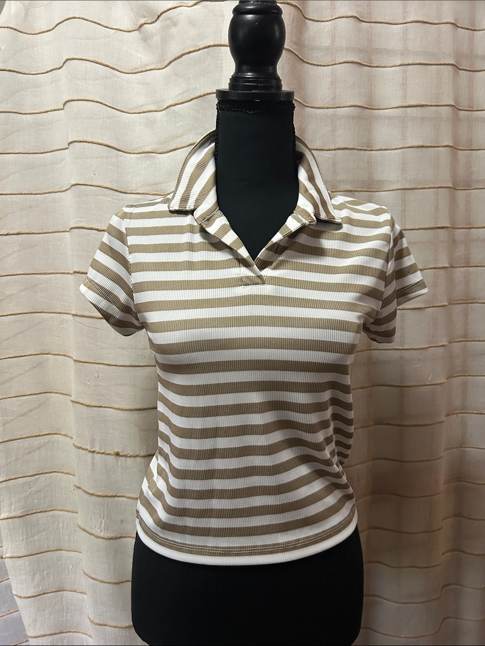 Cropped Ribbed Polo Tee in Beige and White Stripes